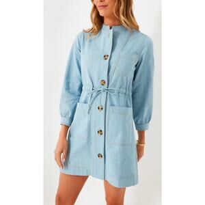 Tuckernuck size XL Cotton Blue Chambray Crosby Mini Dress Long Sleeve Tie Waist